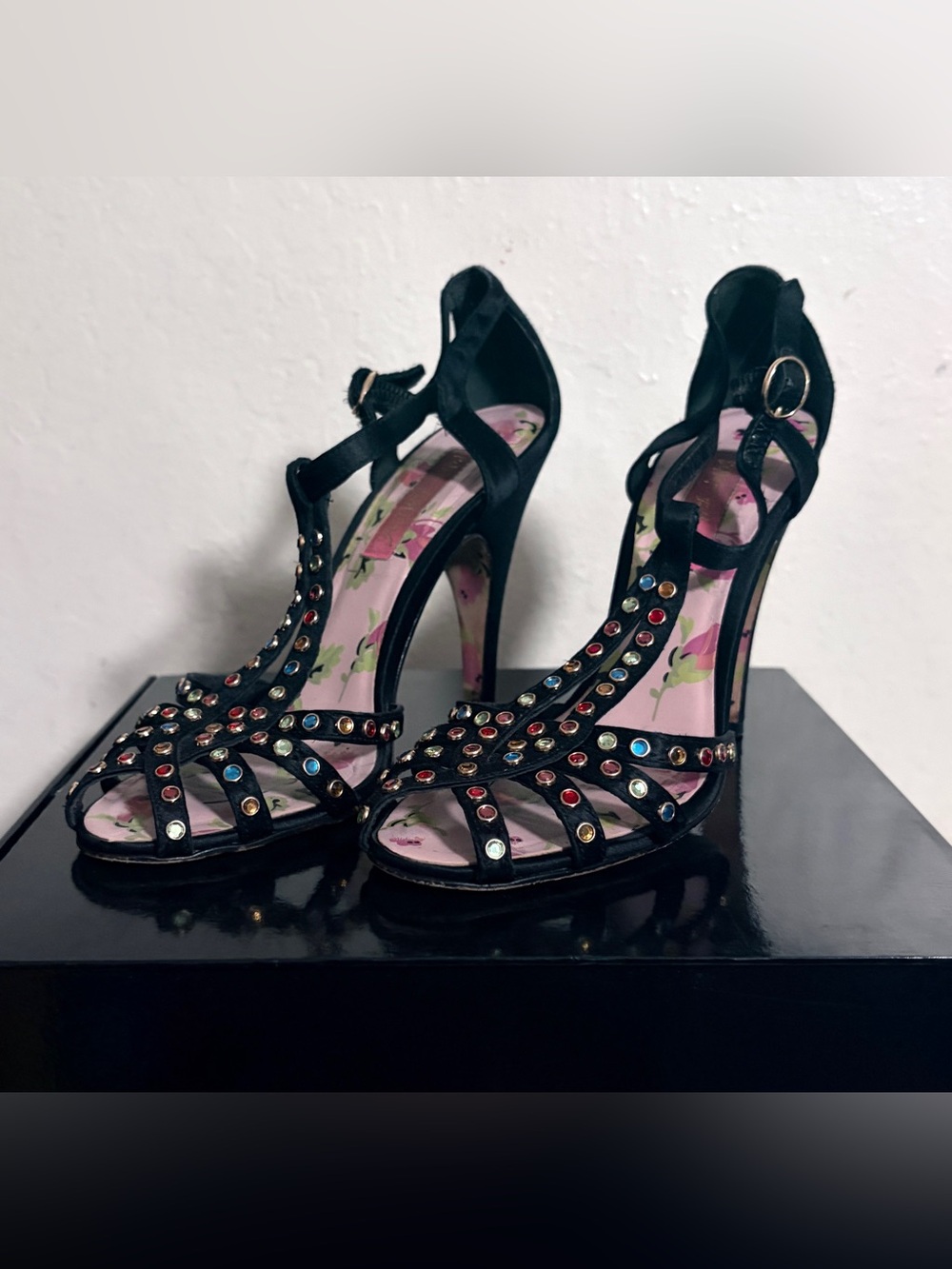 Betsey Johnson Black Strappy Heels with Multicolored Gems